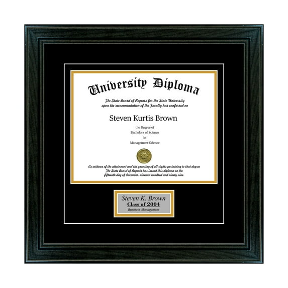 Personalized Single Diploma Frame with Double Matting for 16" x 12" Tall Diploma with Black 1.5" Frame