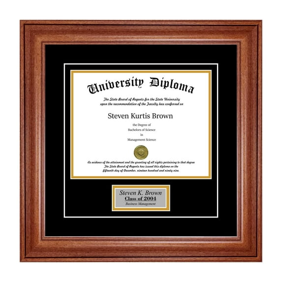 Personalized Single Diploma Frame with Double Matting for 17" x 11" Tall Diploma with Walnut 2" Frame