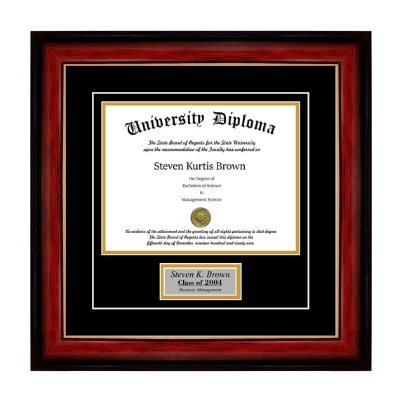Personalized Single Diploma Frame with Double Matting for 17" x 14" Tall Diploma with Mahogany with Gold Lip 2" Frame