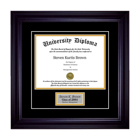 Personalized Single Diploma Frame with Double Matting for 9" x 7" Tall Diploma with Black 2" Frame