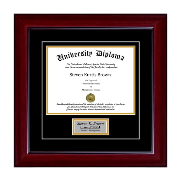 Personalized Single Diploma Frame with Double Matting for 9" x 7" Tall Diploma with Mahogany 2" Frame