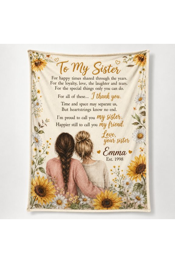 Personalized Sister Fleece Blanket, Custom Name Date Text Gift Throw, 280gsm Polyester Fleece, Sunflower Sister Blanket