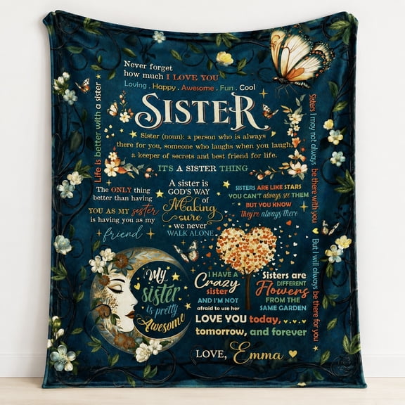 Personalized Sister Fleece Blanket, Custom Name or Date Gift Blanket, 3D Print 280gsm Polyester Fleece Throw, Floral Butterfly Design