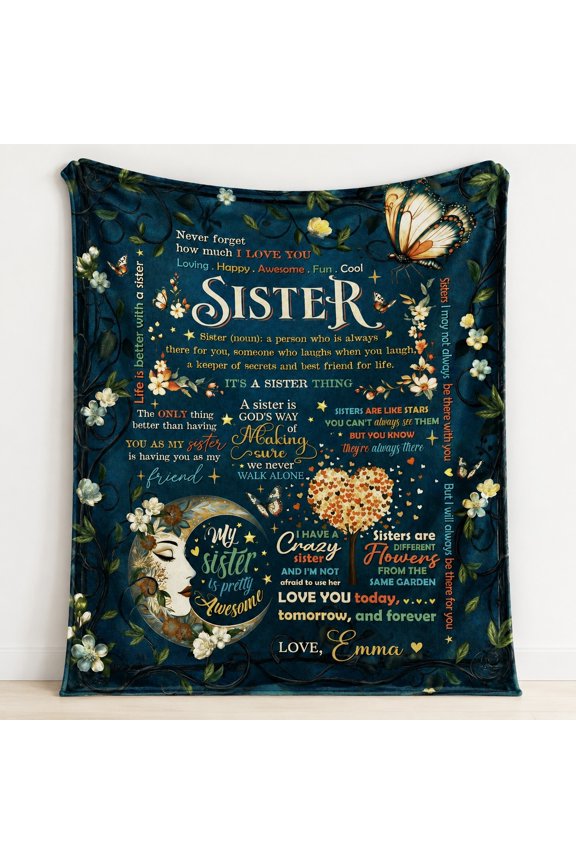 Personalized Sister Fleece Blanket, Custom Name or Date Gift Blanket, 3D Print 280gsm Polyester Fleece Throw, Floral Butterfly Design