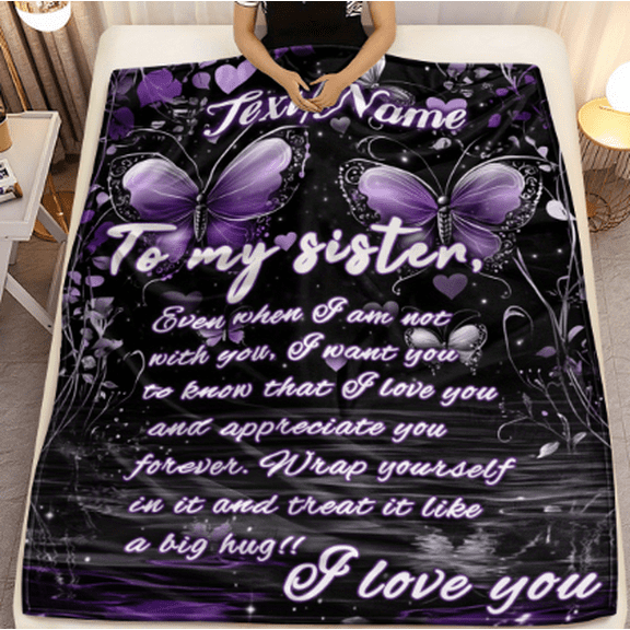 Personalized Sister Gift Flannel Blanket - 280gsm, Custom Name & "To My Sister" Message, Purple Butterfly & Heart Design, Soft Lightweight Throw for Sofa Bed Travel Camping Living Room