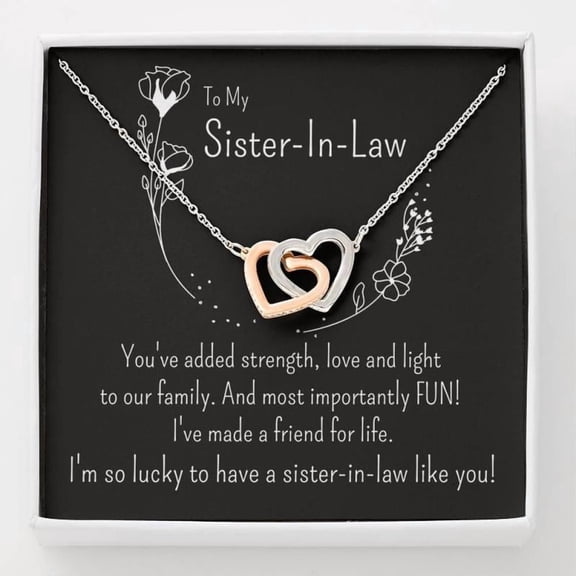 Personalized Sister-In-Law Necklace Gift. Sparkly hearts pendant on message card. Birthday, Christmas jewelry