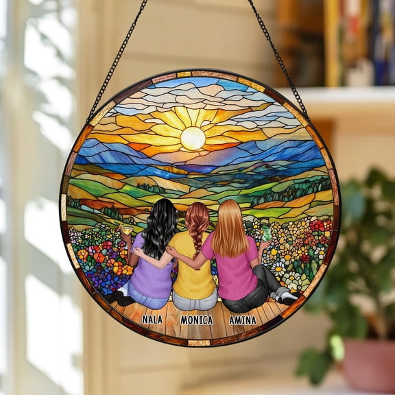 Personalized Sisters Faux Stained Glass Suncatcher, Custom Friendship Window Hanging Gift