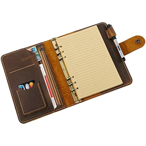 Personalized Size A5 6 Ring Leather Refillable Planner Binder, Travelers Journal, Sketchbook, Distressed Leather, Travel Journal For Men Women Lined Paper 160 Pages, Customized Gift$$Office
