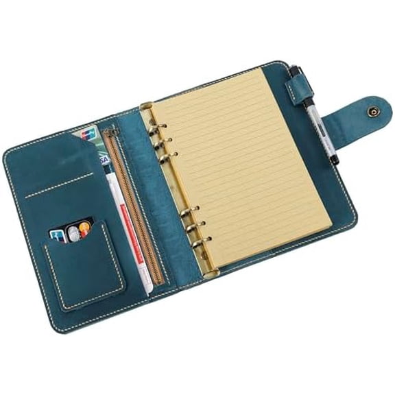 Personalized Size A5 6 Ring Leather Refillable Planner Binder, Travelers Journal, Sketchbook, Distressed Leather, Travel Journal For Men Women Lined Paper 160 Pages(Blue), Customized Gift$$Office