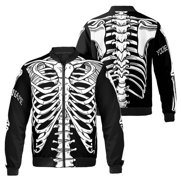 Personalized Skeleton Bomber Jacket – Custom Name Skull Ribcage Design – Halloween Gothic Streetwear Coat