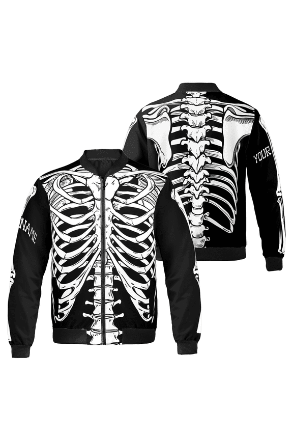 Personalized Skeleton Bomber Jacket – Custom Name Skull Ribcage Design – Halloween Gothic Streetwear Coat