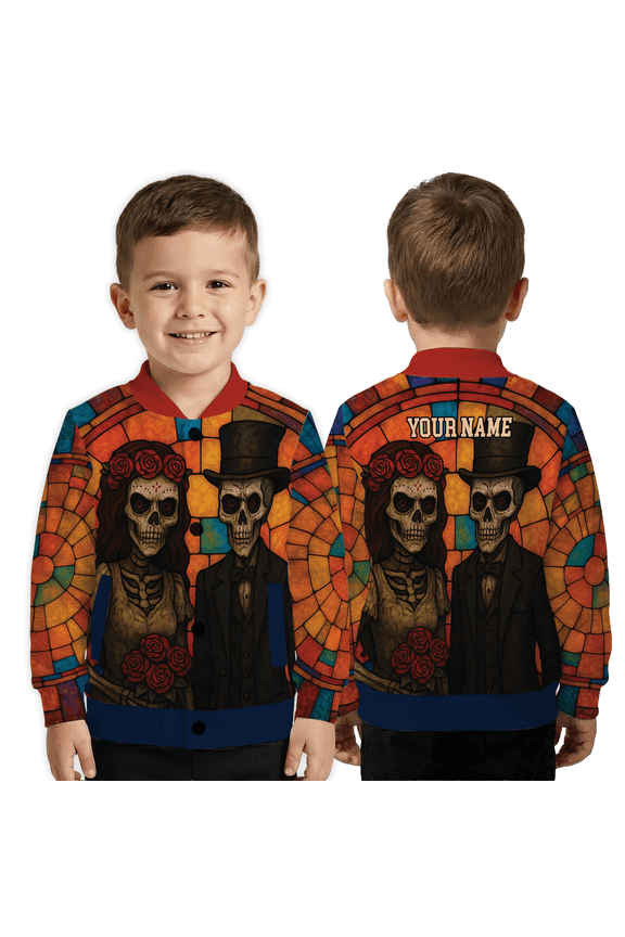 Personalized Skeleton Couple Baseball Jacket – Gothic Stained Glass Art Baseball Jacket, Skeleton Couple Jacket