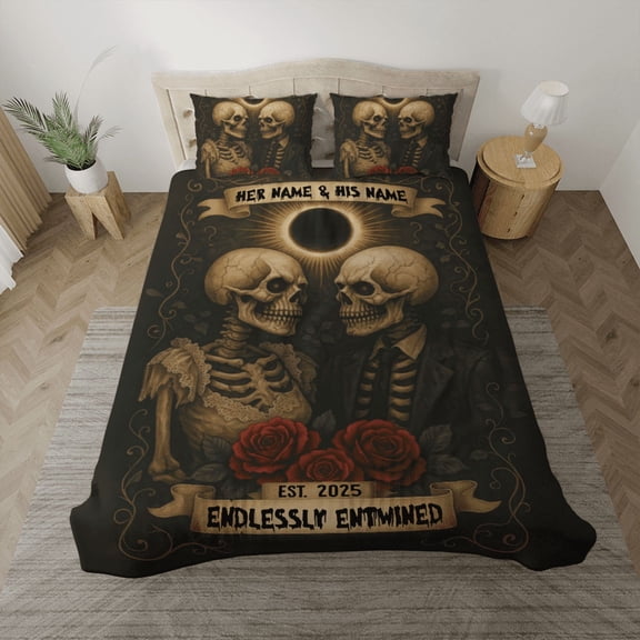 Personalized Skeleton Couple Bedding Set – Gothic Duvet Cover with Eclipse & Roses, Custom Romantic Skull Lovers Bed Set