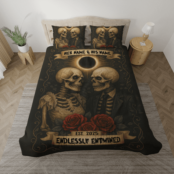 Personalized Skeleton Couple Bedding Set – Gothic Duvet Cover with Eclipse & Roses, Custom Romantic Skull Lovers Bed Set