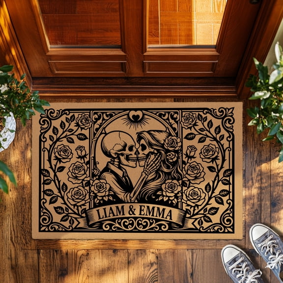 Personalized Skeleton Couple Doormat, Custom Names Gothic Love Skull Welcome Mat for Front Door Indoor Entrance, Non-Slip Absorbent Floor Rug
