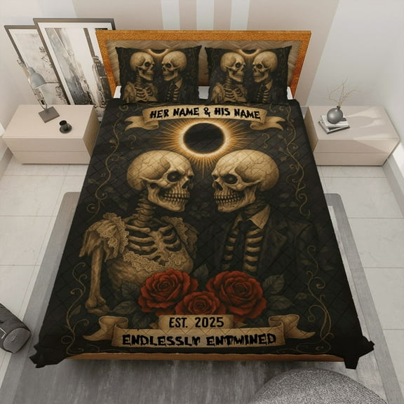 Personalized Skeleton Couple Quilt Bedding Set – Custom Endless Entwined Gothic Eclipse Bed Set with Roses Anniversary, Wedding, Halloween Gift