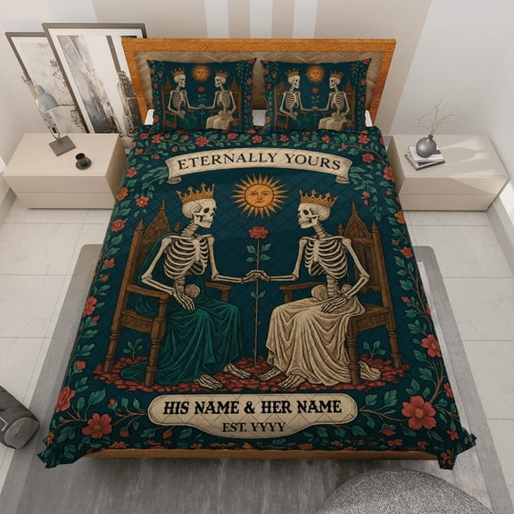 Personalized Skeleton Couple Quilt Bedding Set – “Eternally Yours” Gothic Custom Names and Year – Unique Romantic Anniversary