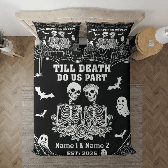 Personalized Skeleton Couple Till Death Bedding Set (68x88), skeleton couple bedding