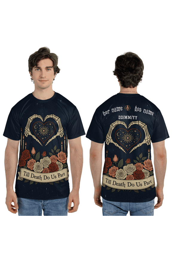 Personalized Skeleton Hands Heart 3D T-Shirt, Till Death Do Us Part Couple Tee, Custom Name Romantic Gothic All Over Print Shirt