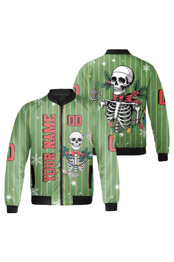 Personalized Skeleton Merry Christmas Bomber Jacket – Funny Xmas Holiday Jacket with Skull & Lights – Christmas Gift for Men Women Ugly Party Outfit
