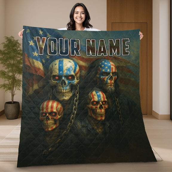 Personalized Skull American Flag Quilt Blanket – Patriotic Gothic Blanket, Custom Name Quilt Gift for Men and Veterans, Soldiers, Memorial Day, Veteran's Day