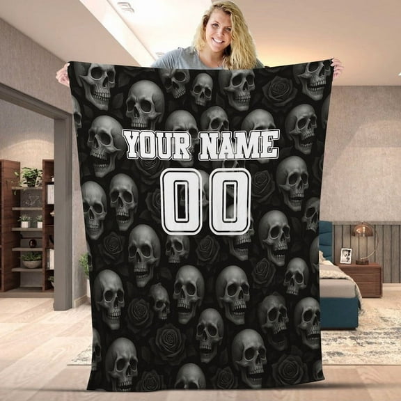 Personalized Skull And Roses Blanket, Custom Name & Number Black Gothic Fleece & Sherpa Throw, Cozy Blanket Skull Lover Gift for Men & Women