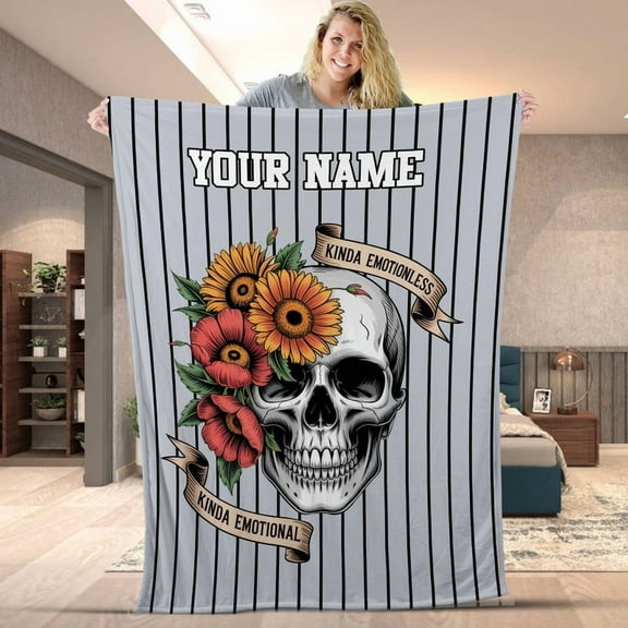 Personalized Skull Blanket – “Kinda Emotionless Kinda Emotional” Floral Skull Fleece Throw, Custom Name Gothic Cozy Fleece & Sherpa Blanket, Unique Alternative Gift for Him or Her