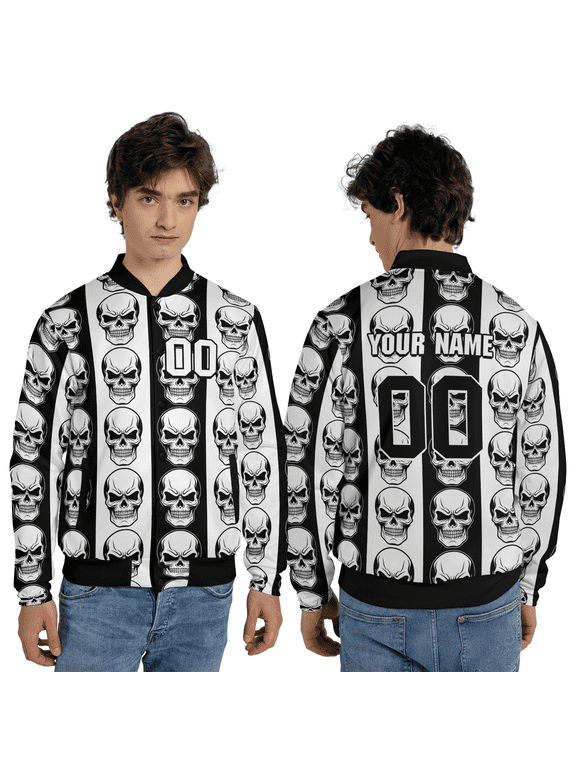 Personalized Skull Checkerboard Baseball Jacket, Streetwear Style Jacket, Black White Graphic Urban Coat