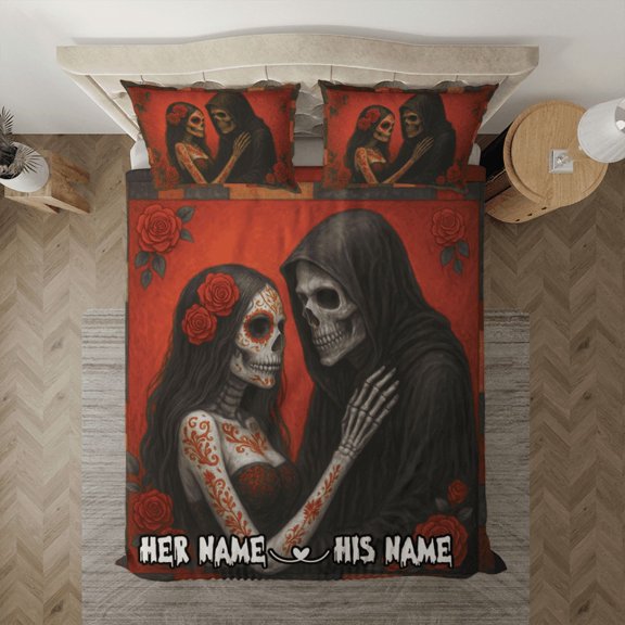 Personalized Skull Couple with Roses Bedding Set – Gothic Day of the Dead, Romantic Skeleton Lovers Bed Set