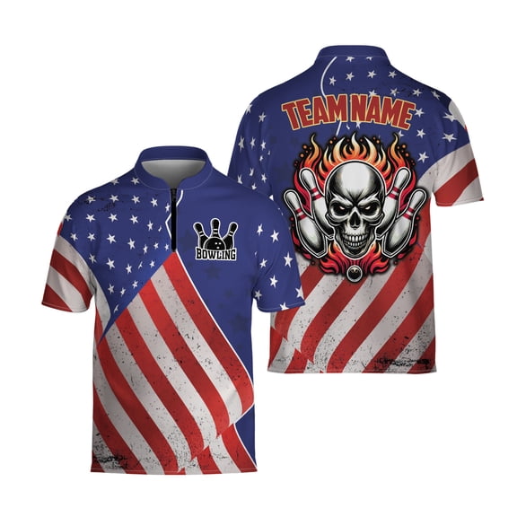 Personalized Skull Fire American Flag Bowling Jersey Patriotic 3D Bowling