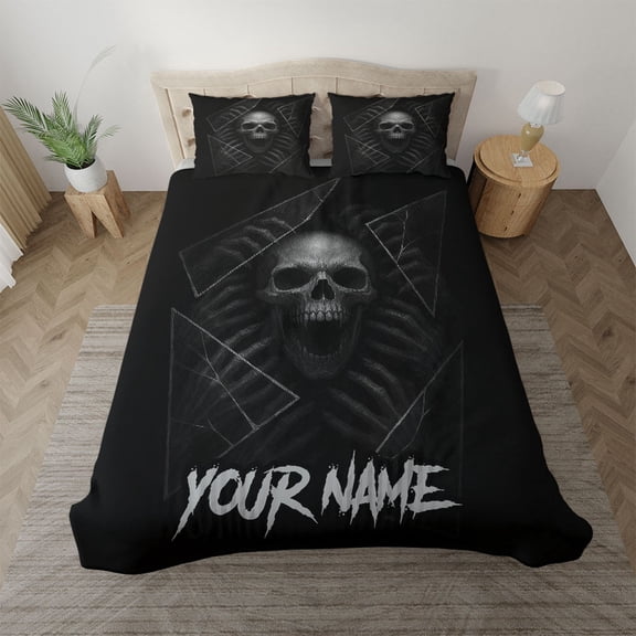 Personalized Skull Hands Bedding Set – Custom Name Gothic Halloween Bedding