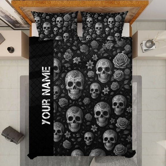 Personalized Skull Quilt Bedding Set – Custom Name Gothic Roses Quilt Blanket & Pillowcases – Dark Floral Skull