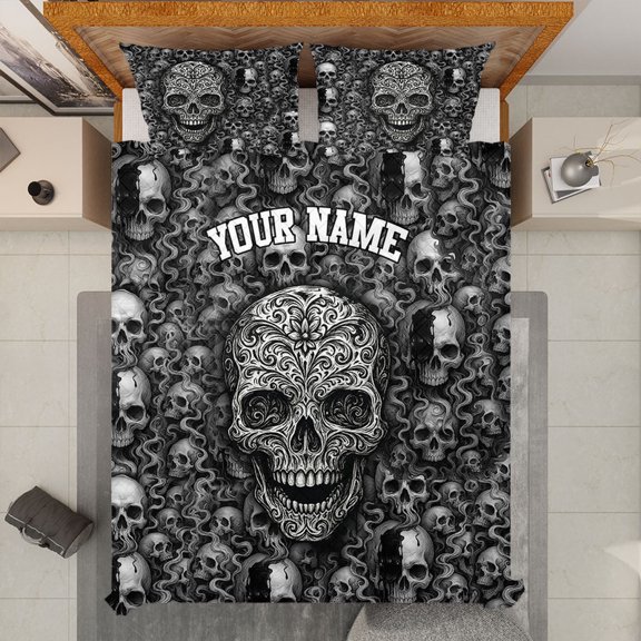 Personalized Skull Quilt Bedding Set – Gothic Skull Quilt Blanket & Pillowcases Custom Name - Horror Skeleton Bed Set