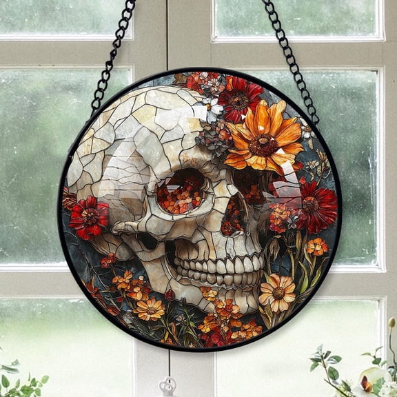 Personalized Skull Suncatcher Stained Glass Suncatchers, Skull Ornament for Sun Catcher Indoor Window, Skull Painted Glass Panel Dcor Gfmv0q (Skull 3)