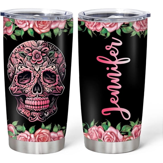 Personalized Skull Tumbler Gifts for Skull Lovers - Goth Tumbler - Skull Gothic Birthday Gifts for Girls Women - Pink Sugar Skull Tumbler - Custom Name 20oz Insulated Stainless Steel Tumbler