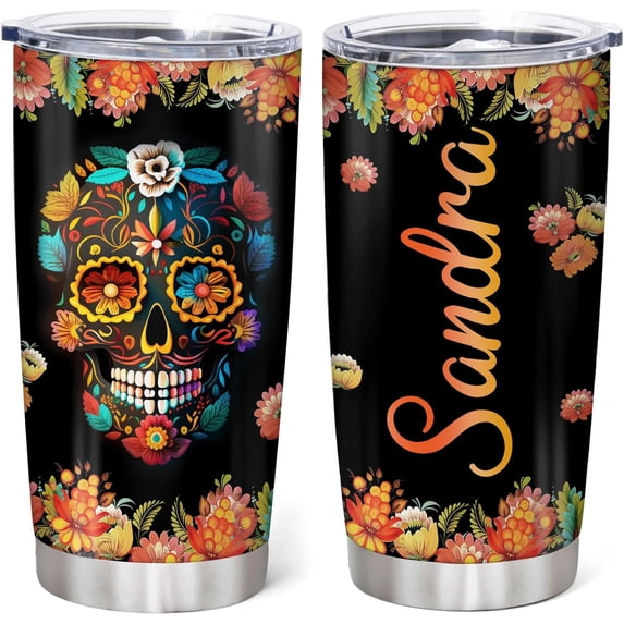 Personalized Skull Tumbler Gifts for Skull Lovers - Goth Tumbler - Skull Gothic Birthday Gifts for Girls Women - Sugar Skull Tumbler - Custom Name 20oz Stainless Steel Tumbler (Color 3)