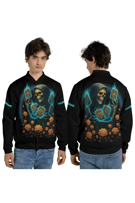Personalized Skull & Yellow Rose Baseball Jacket, Skeleton Magic Tarot Cards Baseball Jacket, Gothic Orange Rose Custom Jacket