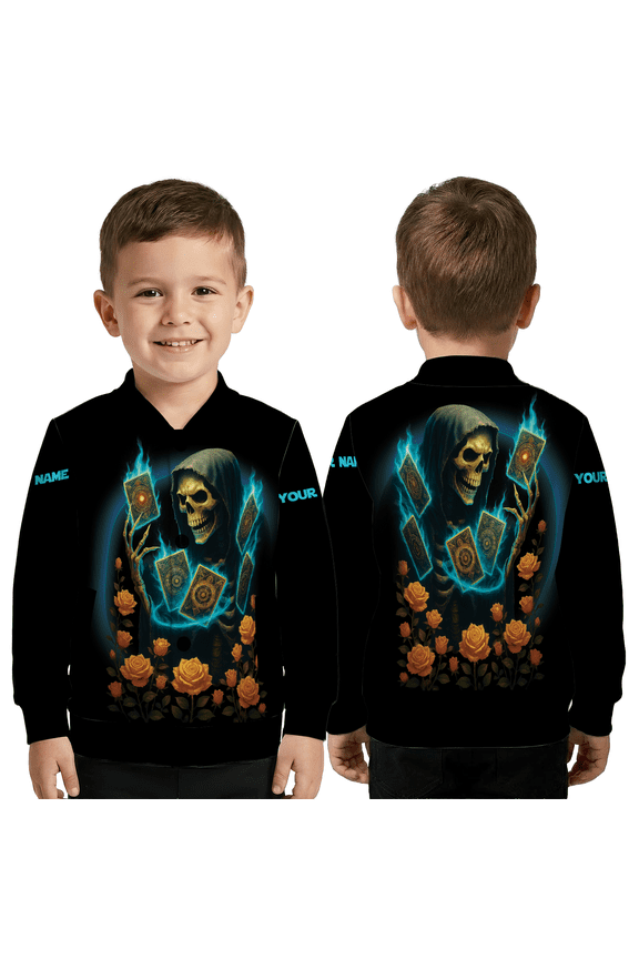 Personalized Skull & Yellow Rose Baseball Jacket, Skeleton Magic Tarot Cards Baseball Jacket, Gothic Orange Rose Custom Jacket