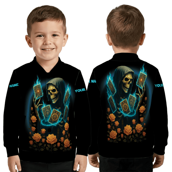 Personalized Skull & Yellow Rose Jacket, Skeleton Magic Tarot Cards Baseball Jacket, Gothic Orange Rose Custom Outerwear
