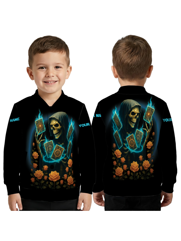 Personalized Skull & Yellow Rose Jacket, Skeleton Magic Tarot Cards Baseball Jacket, Gothic Orange Rose Custom Outerwear