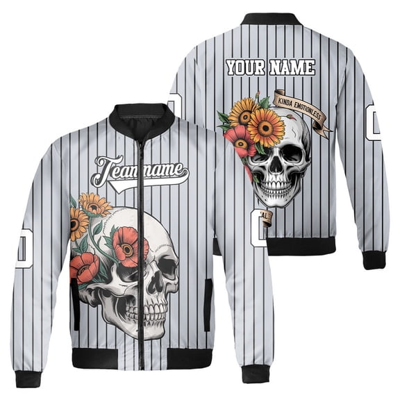 Personalized Skull and Floral Bomber Jacket - Trendy and Stylish Jacket for Fashion Lovers, Casual Wear, Gift For Halloween, Spooky Season