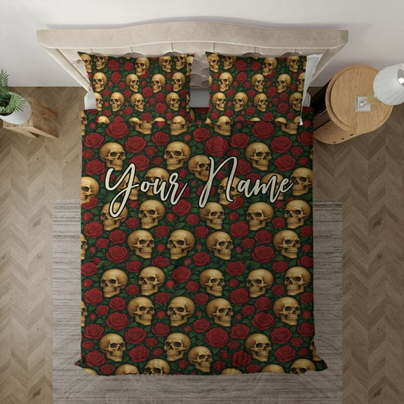 Personalized Skull and Rose Bedding Set – Custom Name Gothic Floral Skull Bedroom Décor