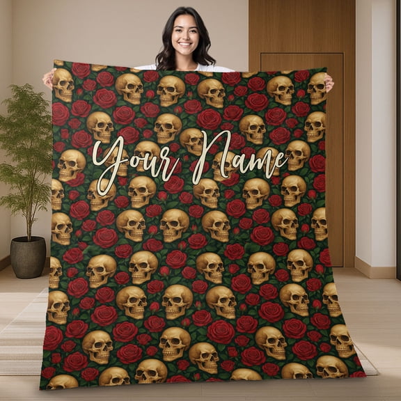 Personalized Skull and Rose Quilt Blanket – Custom Name Gothic Punk Skull Floral Blanket – Dark Aesthetic Home Decor Quilt Gift