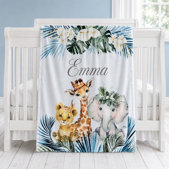 Personalized Small Fleece Blanket with Name, Safari Animal Bedroom Throw, 280gsm Polyester Fleece, Custom Text Gift