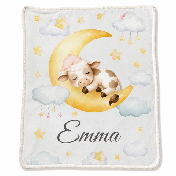 Personalized Small Sherpa Blanket - Sleeping Cow Moon & Stars Custom Name Bedroom Throw, Soft Fleece, 4 Sizes