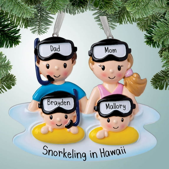 Personalized Snorkel Family - 4 Christmas Ornament - Vacation - Tropical Fish - Hawaiian Trip - Mexico - Caribbean - Great Snorkeling