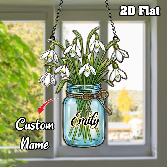 Personalized Snowdrop Jar Suncatcher Acrylic Birth Flower Window Hanging Gift
