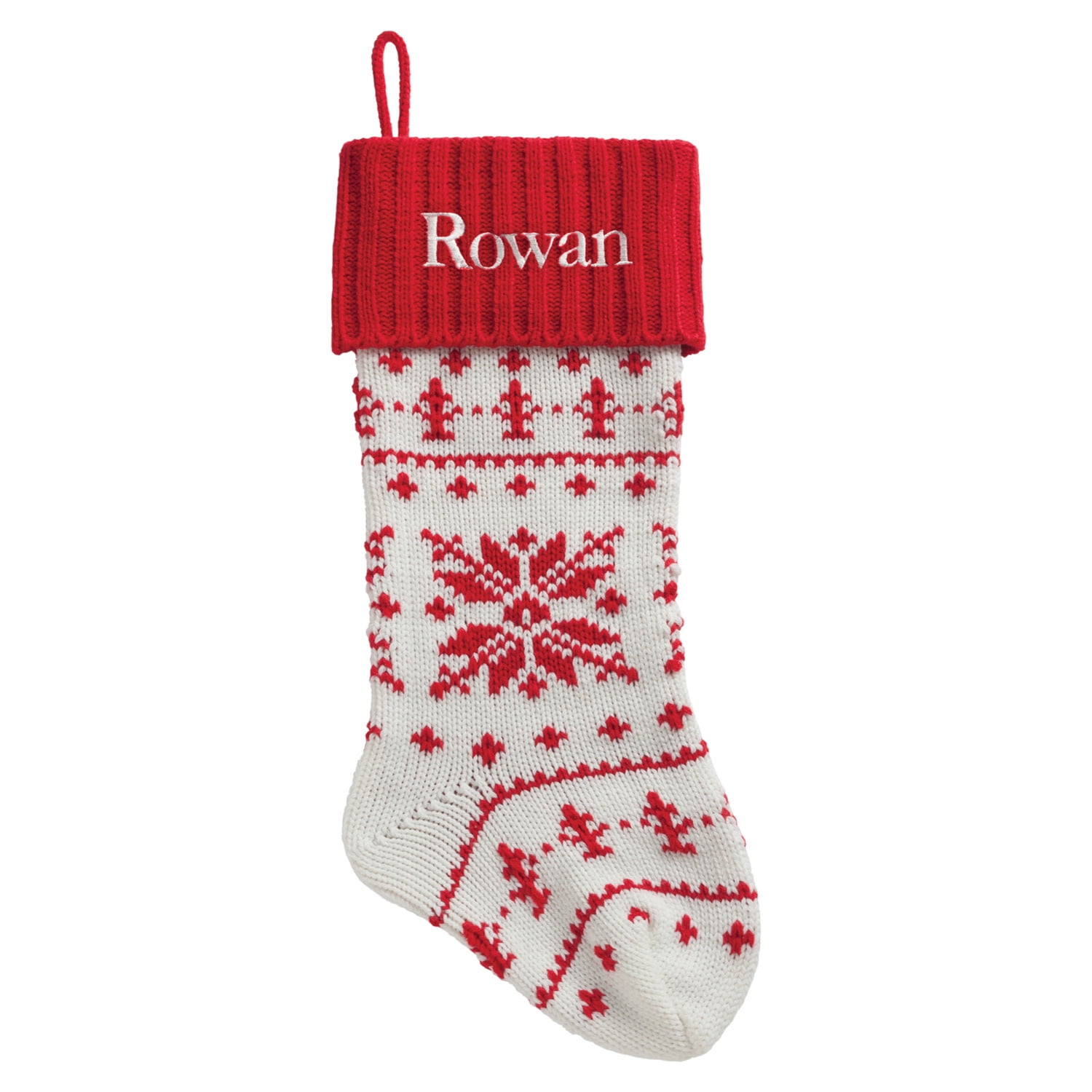 Personalized Snowflake Knit Stocking with Red or White Cuff