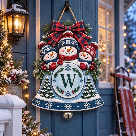 Personalized Snowman Bell Initial Wooden Sign Front Door Christmas