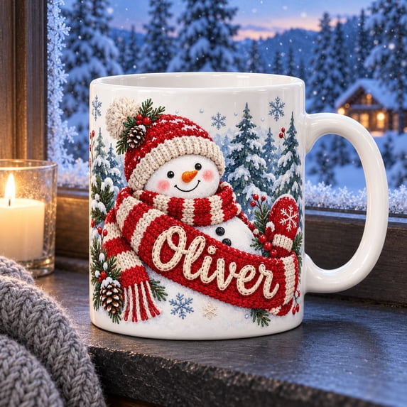 Personalized Snowman Knitted Scarf Mug, Cozy Winter Coffee Gift ...